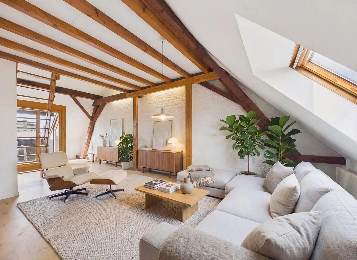 Wohnzimmer; holzbalken, tageslicht, moderner stil