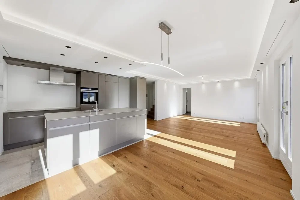 Cuisine; électroménager, lumière naturelle, parquet, style moderne, rénové