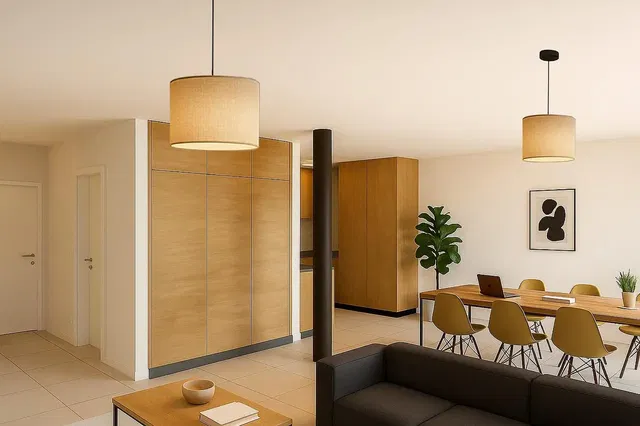 Living room; tile floor, modern style, natural light