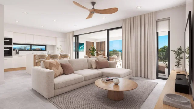 Living room; view, natural light, modern style, tile floor