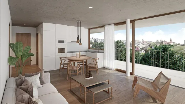 Living room; view, wood floor, natural light, modern style