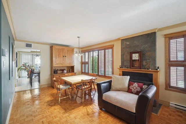 Soggiorno; pavimento in legno, camino, luce naturale