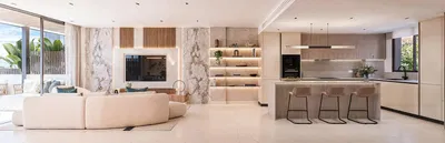 Wohnzimmer; blick, küchengeräte, tageslicht, moderner stil, fliesenboden