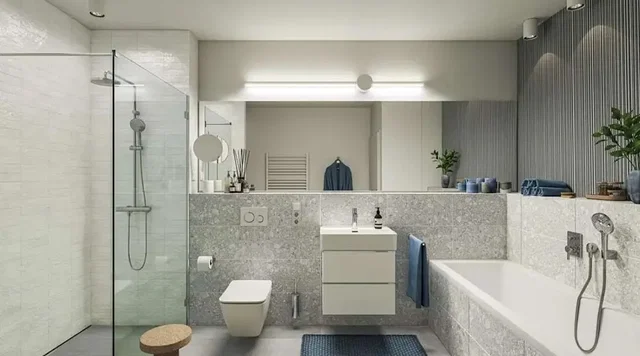 Badezimmer; fliesenboden, tageslicht, moderner stil