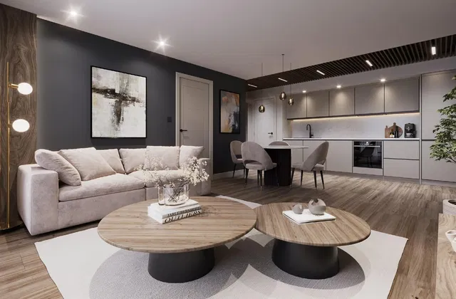 Хол; модерен стил, дървен под, естествена светлина, кухненски уреди