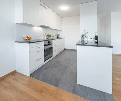 Küche; küchengeräte, fliesenboden, tageslicht, moderner stil