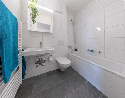 Badezimmer; fliesenboden, renoviert, tageslicht, moderner stil