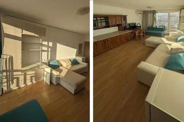 Obývací pokoj; přirozené světlo, dřevěná podlaha, moderní styl