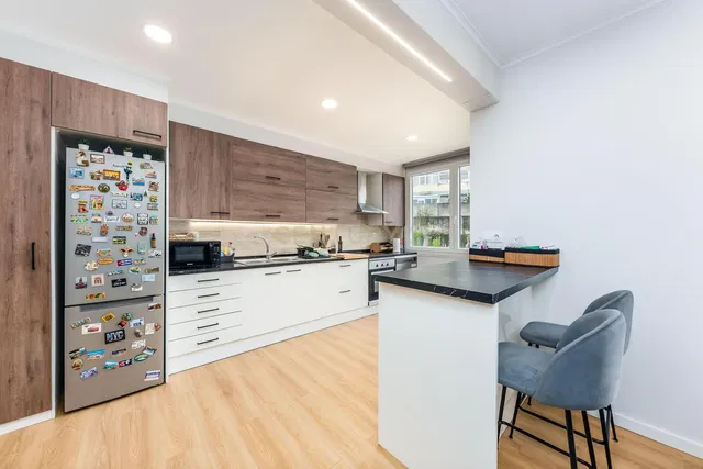 Kitchen; kitchen appliances, natural light, modern style, wood floor