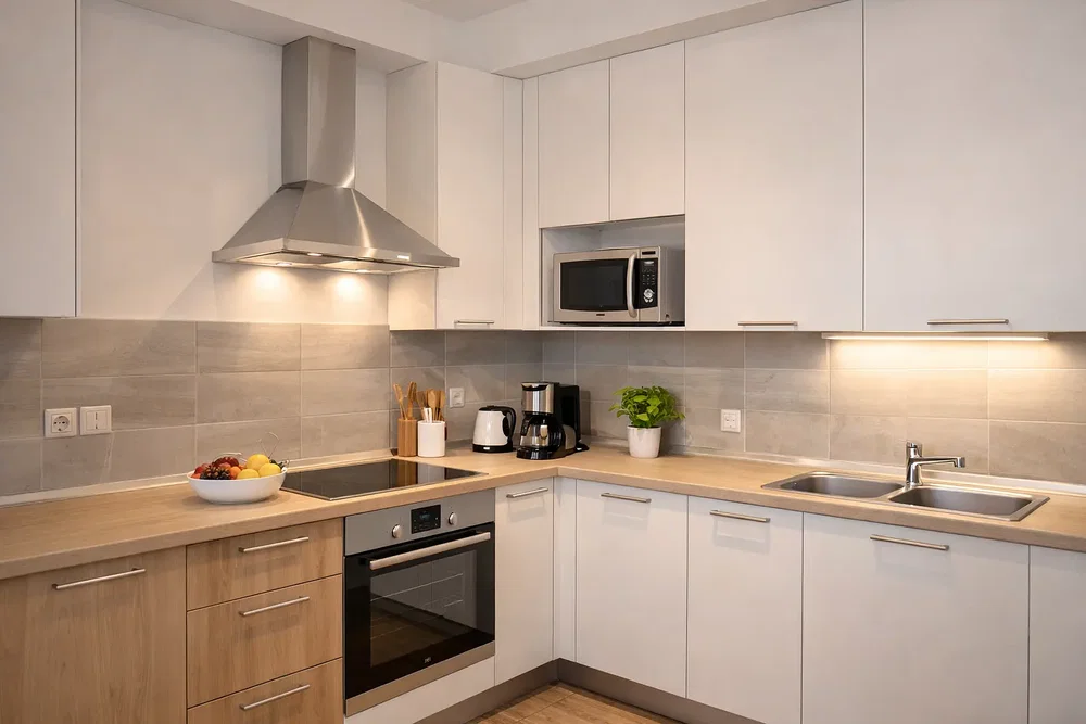 Cuisine; électroménager, carrelage, rénové, lumière naturelle, style moderne