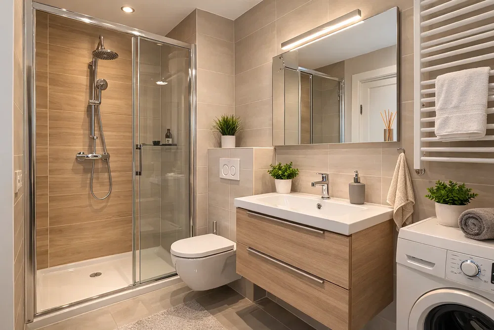Salle de bain; carrelage, lumière naturelle, style moderne, rénové