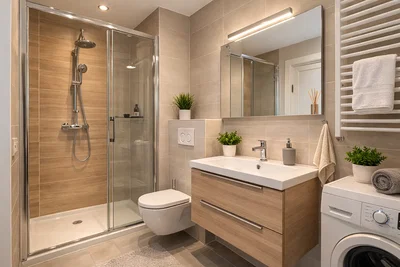 Salle de bain; carrelage, lumière naturelle, style moderne, rénové