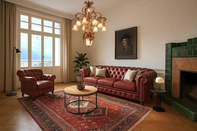 Wohnzimmer; kamin, tageslicht, rustikaler stil