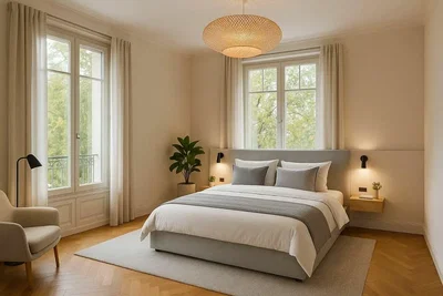 Schlafzimmer; tageslicht, holzboden, moderner stil
