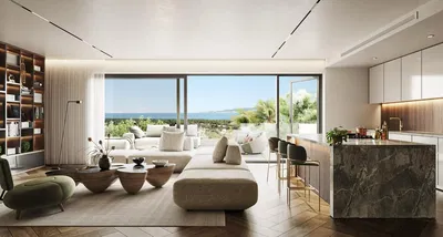 Sala de estar; vista, chão de madeira, luz natural, estilo moderno