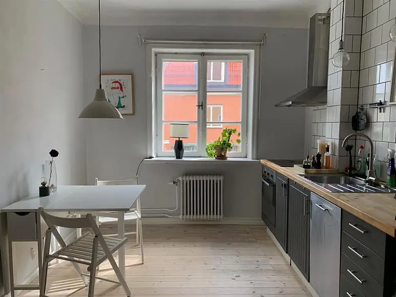 Küche; tageslicht, holzboden, moderner stil, küchengeräte