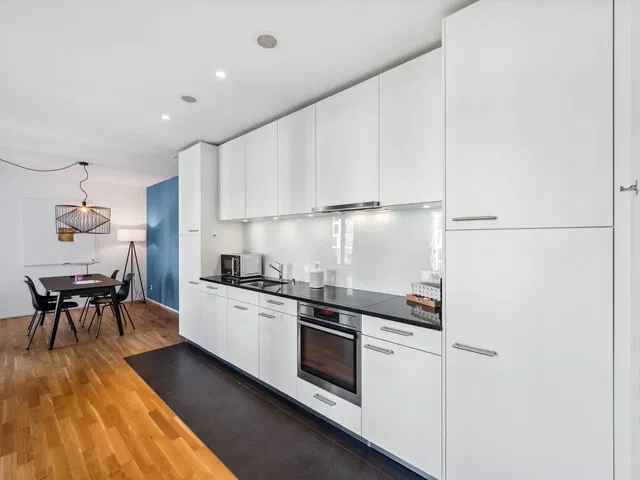 Kitchen; kitchen appliances, modern style, wood floor, natural light