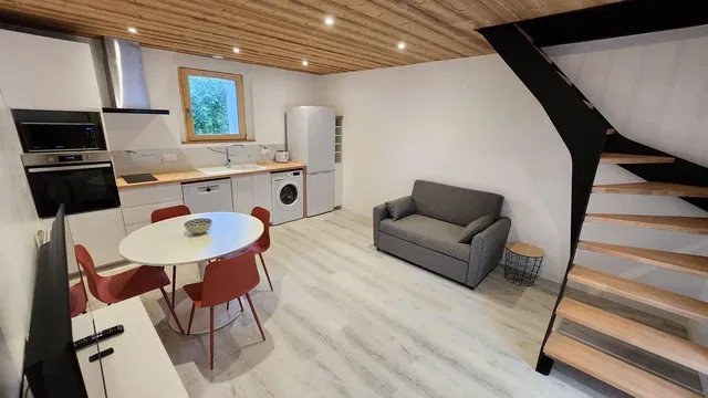 Dnevni boravak; kućanski aparati, drvene grede, prirodna svjetlost, moderan stil