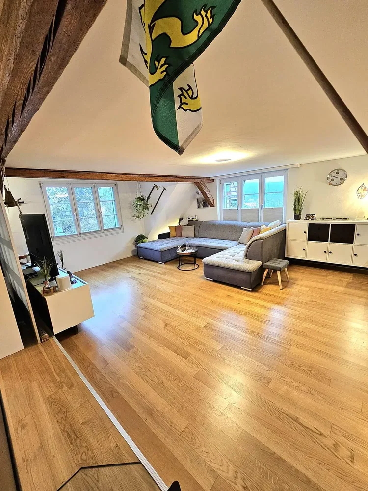 Wohnzimmer; holzboden, tageslicht, moderner stil