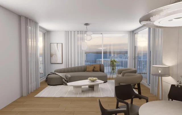 Living room; view, natural light, modern style, wood floor