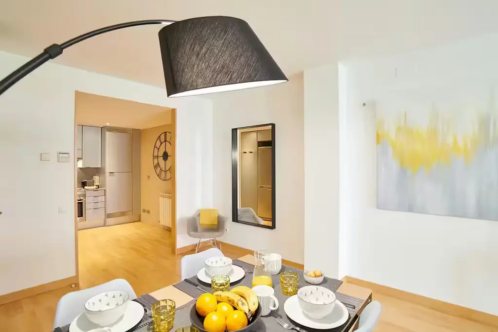 Dining room; kitchen appliances, natural light, modern style