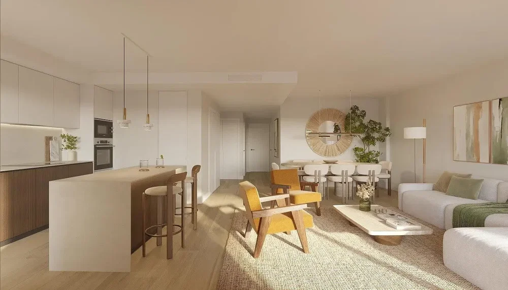 Wohnzimmer; küchengeräte, tageslicht, moderner stil, holzboden