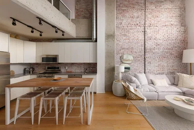 Oturma odası; mutfak aletleri, doğal ışık, modern stil