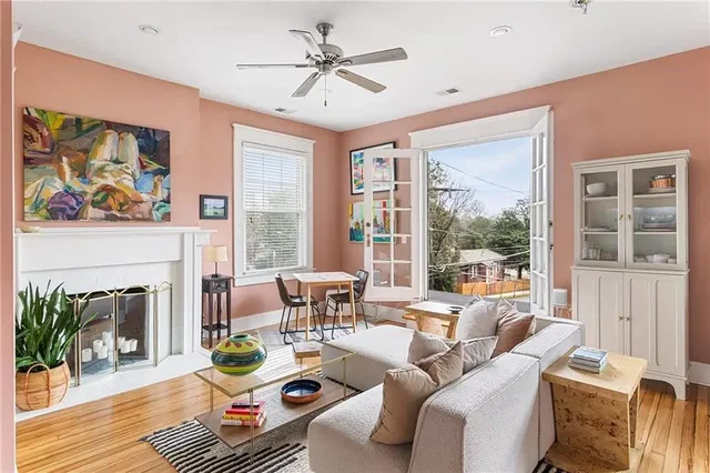 Living room; view, wood floor, natural light, modern style, fireplace