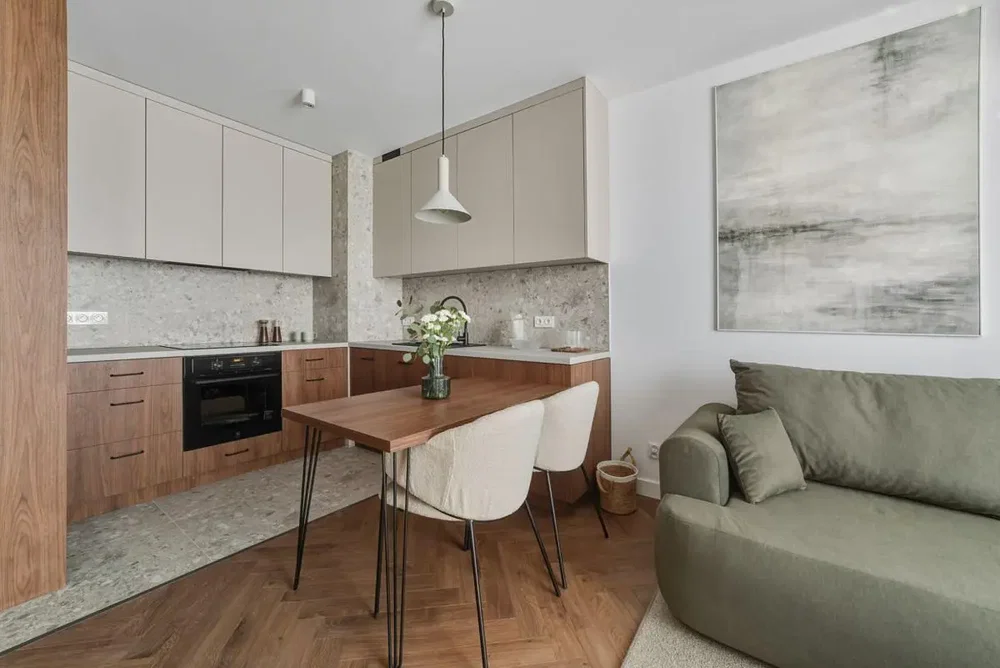 Dnevna soba; kuhinjski aparati, prirodno svjetlo, moderni stil, drveni pod