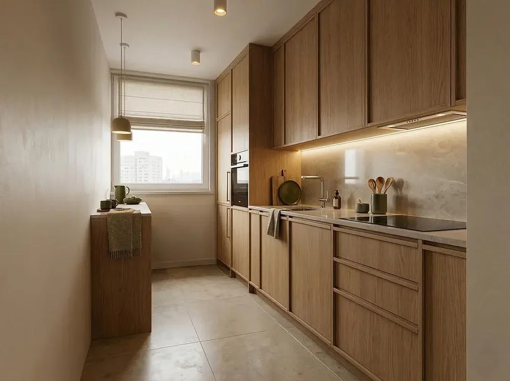 Küche; küchengeräte, tageslicht, moderner stil, fliesenboden