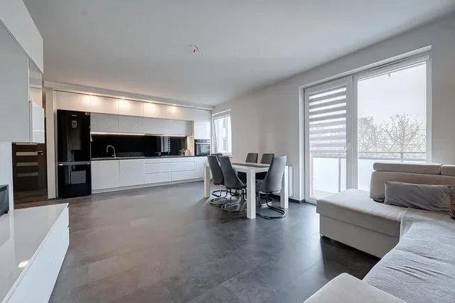 Living room; kitchen appliances, natural light, modern style, tile floor