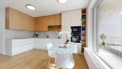 Küche; küchengeräte, tageslicht, moderner stil, holzboden