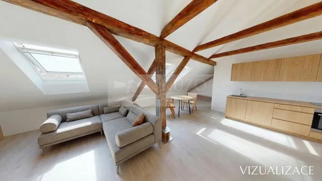 Wohnzimmer; tageslicht, holzbalken, moderner stil