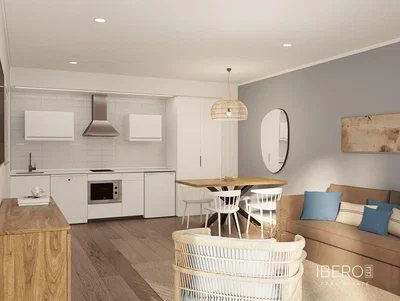 Σαλόνι; συσκευές κουζίνας, ξύλινο πάτωμα, μοντέρνο στυλ, φυσικό φως