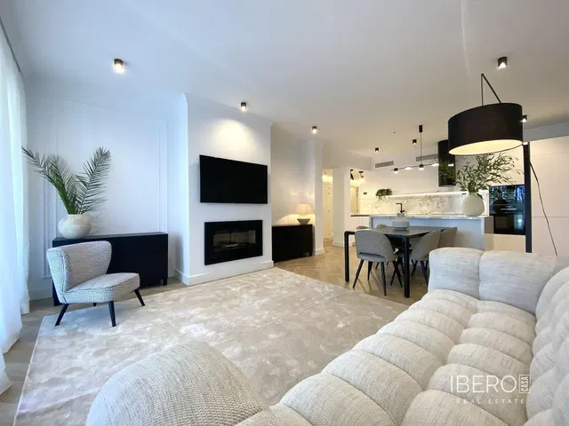 Living room; fireplace, natural light, modern style, renovated