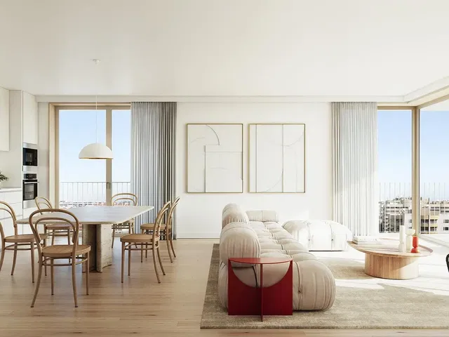 Wohnzimmer; blick, holzboden, tageslicht, moderner stil