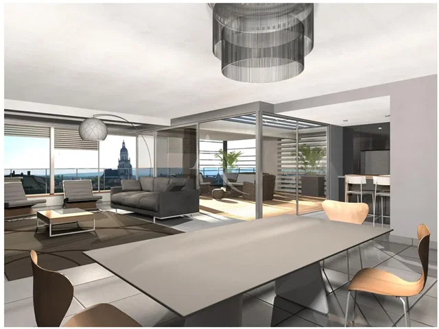 Salón; vista, suelo de baldosas, luz natural, estilo moderno