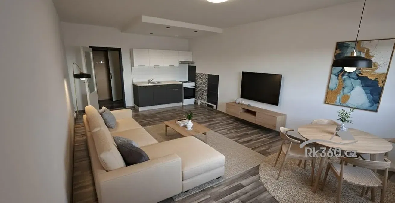 Obývací pokoj; moderní styl, přirozené světlo, dřevěná podlaha