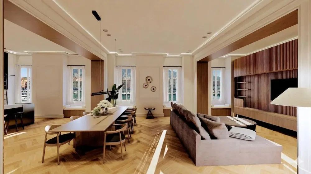 Wohnzimmer; tageslicht, holzboden, moderner stil