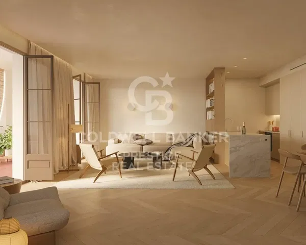 Salón; vista, suelo de madera, luz natural, estilo moderno