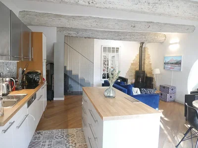 Kuchyně; kuchyňské spotřebiče, přirozené světlo, moderní styl, dřevěná podlaha, krb
