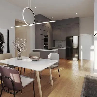 Küche; küchengeräte, tageslicht, moderner stil, holzboden