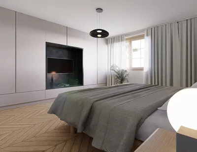 Schlafzimmer; holzboden, tageslicht, moderner stil