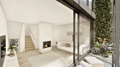 Wohnzimmer; kamin, tageslicht, moderner stil, holzboden