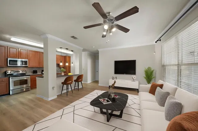 Living room; kitchen appliances, natural light, modern style