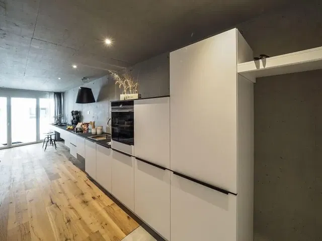 Kitchen; kitchen appliances, wood floor, natural light, modern style