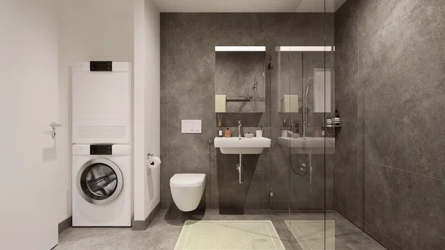 Toilet; tile floor, renovated, natural light, modern style