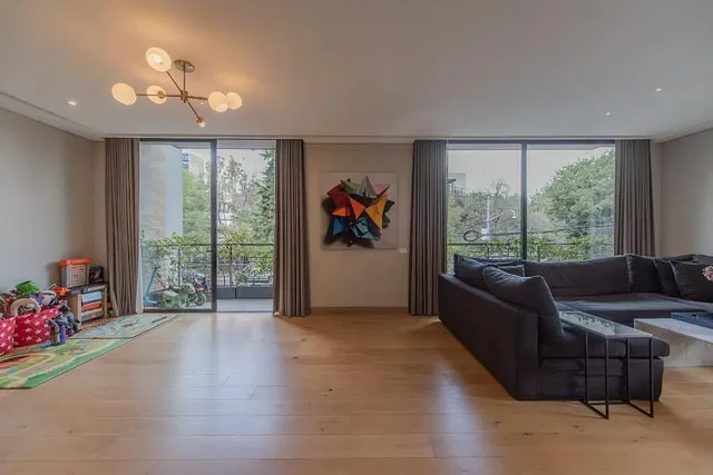 Living room; view, wood floor, natural light, modern style