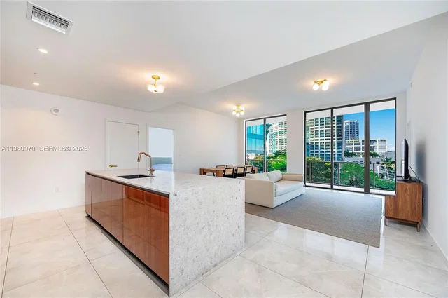 Living room; view, tile floor, natural light, modern style