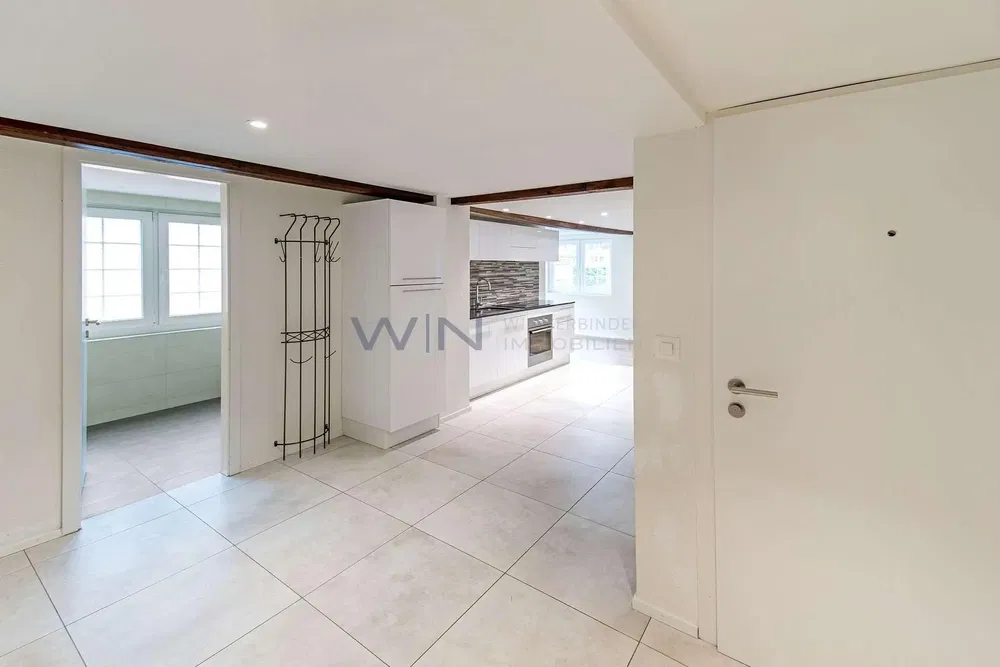 Küche; fliesenboden, küchengeräte, tageslicht, renoviert